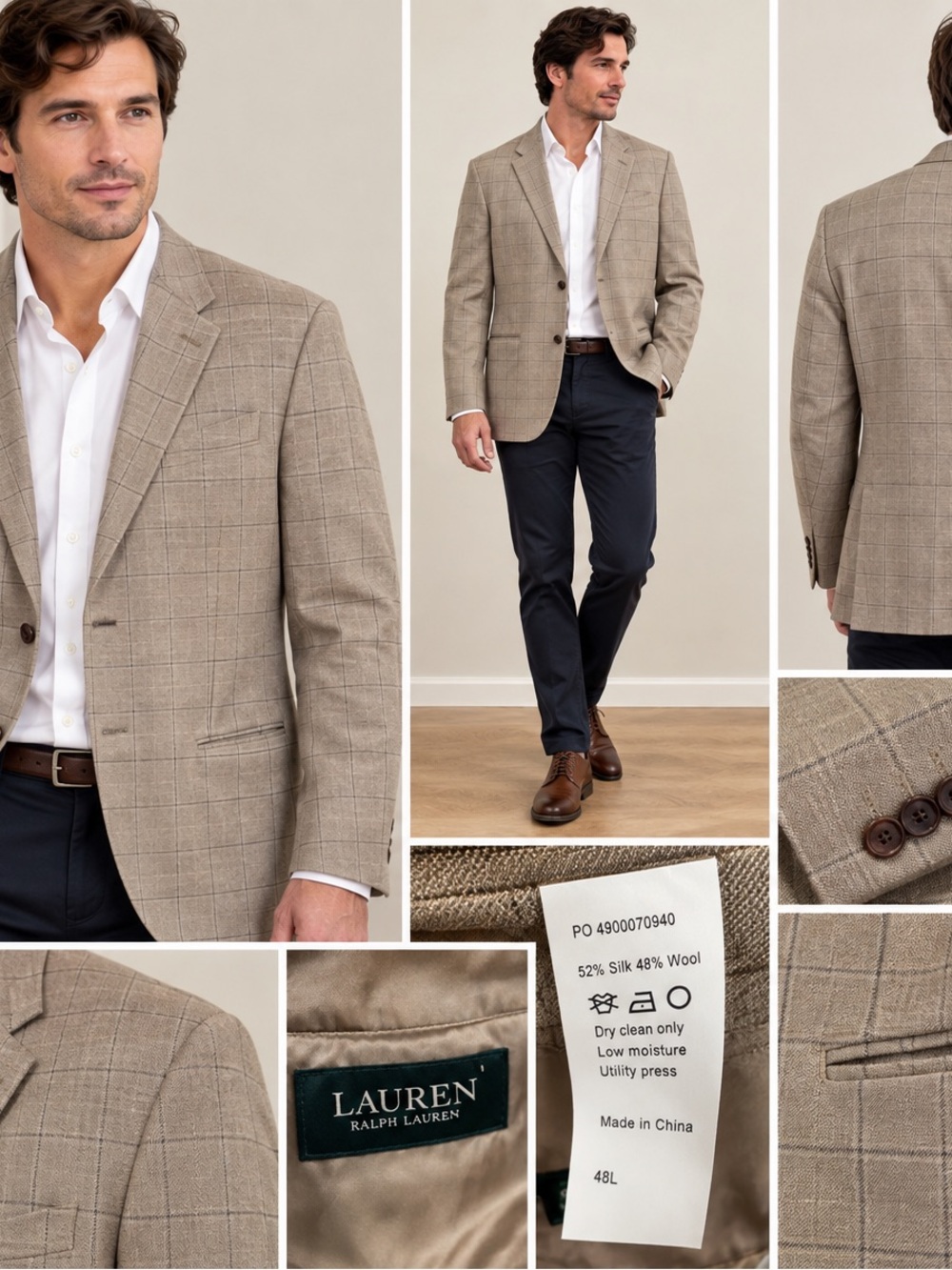 Lauren Ralph Lauren Men’s 48L Silk Wool Windowpane Plaid Blazer Sport Coat